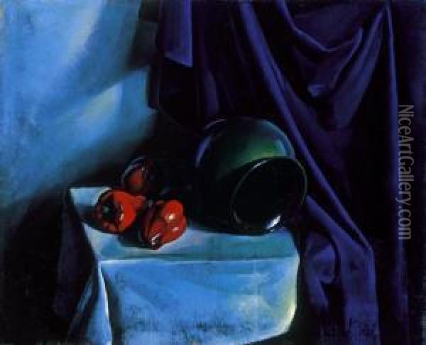 Still Life With Blue Drapery Oil Painting - Karoly Patko