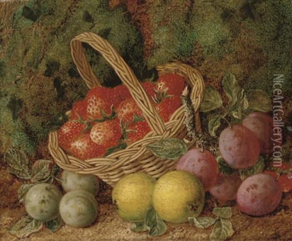Apples, Plums And Strawberries On A Mossy Bank Oil Painting - George Clare