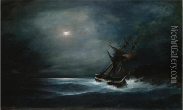 Frigate In The Moonlight Oil Painting - Constantinos Volanakis