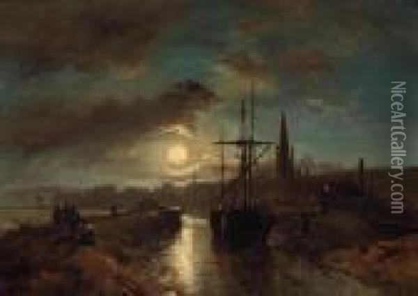 Figures On A Jetty In The Moonlit Harbour Of Harfleur Oil Painting - Johan Barthold Jongkind