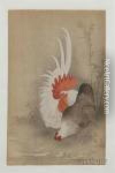Hen And Rooster Oil Painting - Ohara Koson