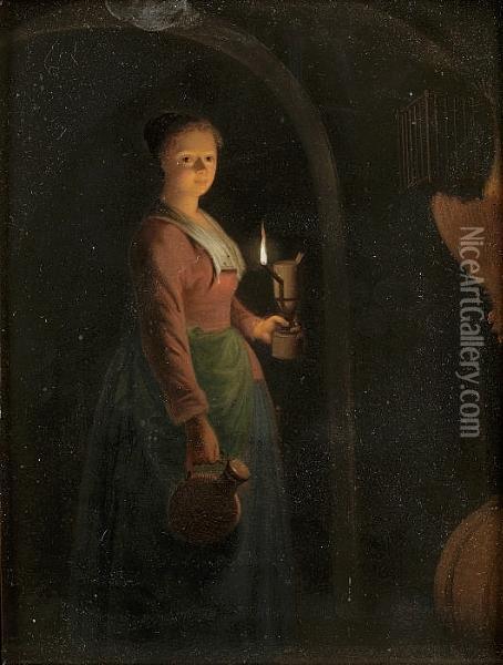 A Young Woman Standing In A Doorway Holding A Lamp Oil Painting - Petrus van Schendel