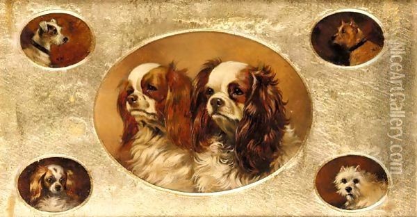 A Jack Russell, A Terrier, A Spaniel, A West Highland Terrier, Two King Charles Spaniels Oil Painting - Alfred Wheeler