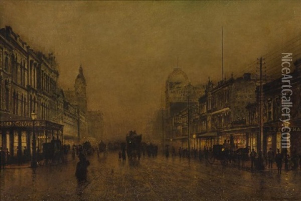 A Winter Evening Swanston Street, Melbourne Oil Painting - John Atkinson Grimshaw