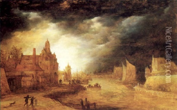 Landscape With A Dutch Town By Night Oil Painting - Frans de Momper