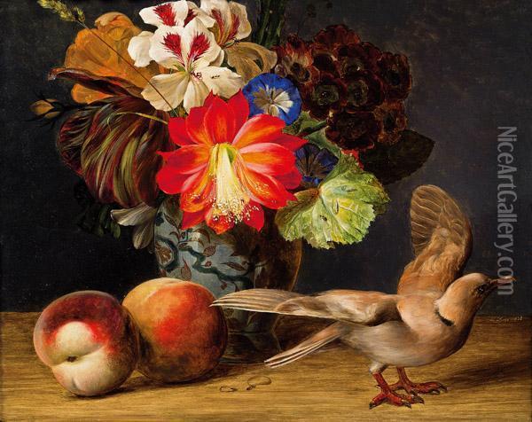 Blumenstilleben Mit Pfirsichen Und Taube Oil Painting - Ferdinand Kuss