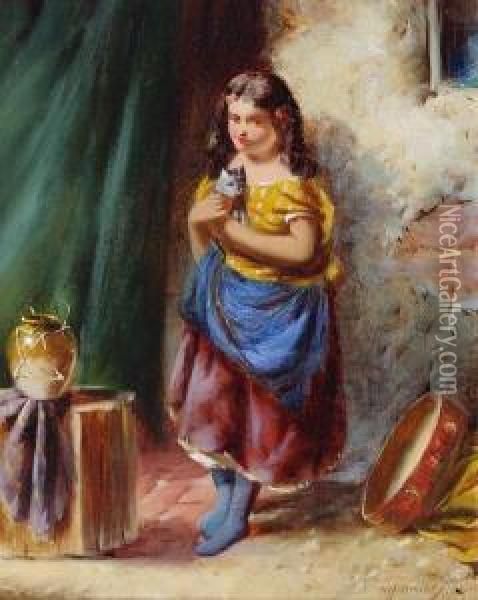 Young Girl Holding A Kitten Oil Painting - William Henry Starkey