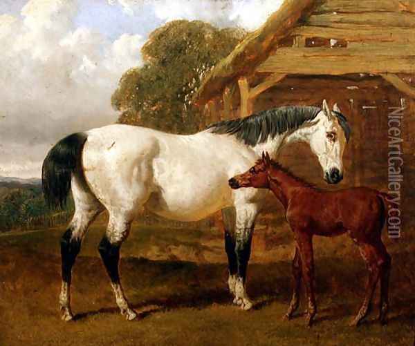 A Mare and Foal before a Barn, 1854 Oil Painting - John Frederick Herring Snr