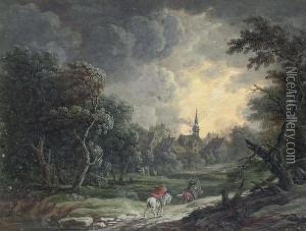 Two Riders Weathering A Storm Oil Painting - Louis Nicolael van Blarenberghe