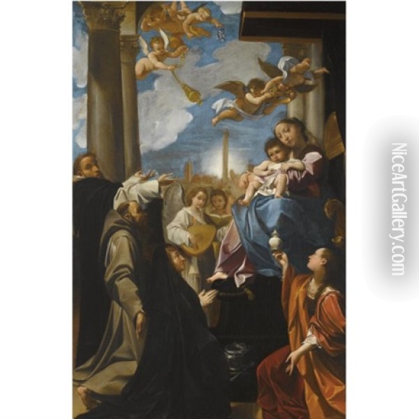 The Madonna And Child Enthroned With Angels, Saint Dominic, Saint Francis, The Magdalene, And A Female Donor: The Bargellini Madonna Oil Painting - Ludovico Carracci