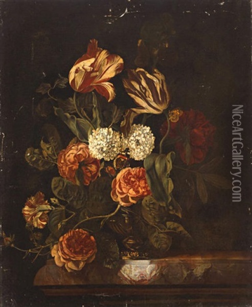 A Still Life With Tulips, Roses And Other Flowers In A Vase Resting On A Ledge Oil Painting - Rachel Ruysch