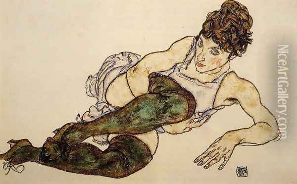 Reclining Woman With Green Stockings Aka Adele Harms Oil Painting - Egon Schiele