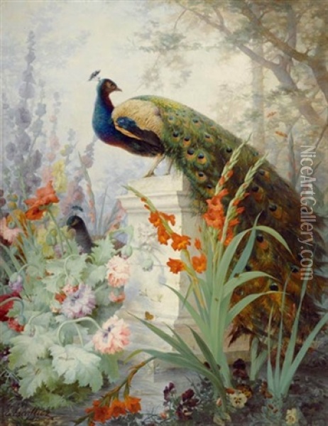 Stilleben Mit Blumen Und Pfau Oil Painting - Eleonore Escallier