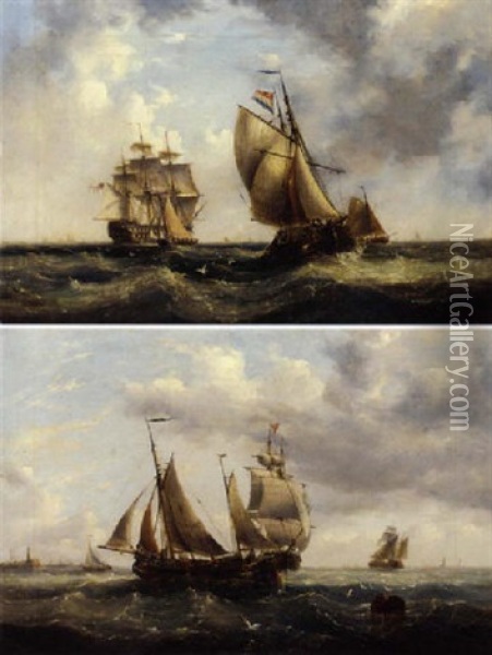 A Royal Naval Two-decker, Cutter And Fishing Barges In Crowded Waters Oil Painting - Henry Redmore