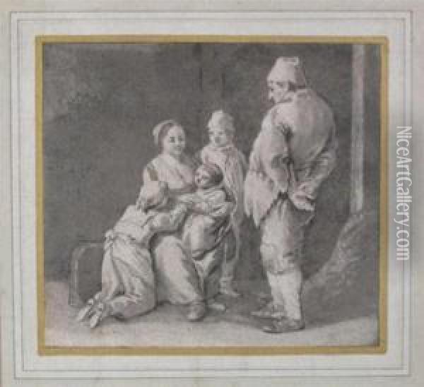 A Family In An Interior Oil Painting - Cornelius van Noorde