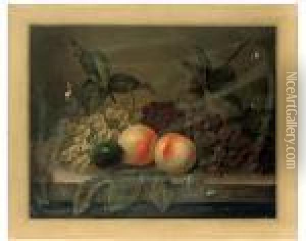Peaches, Grapes And A Plum On A Stone Ledge Oil Painting - Edward Ladell
