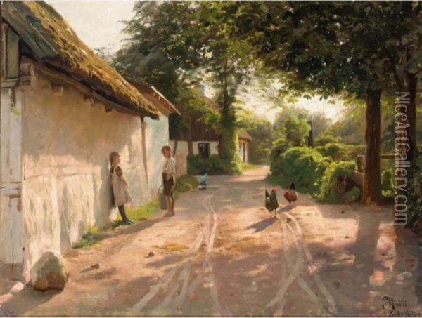 Udenfor Huset (outside The Cottage) Oil Painting - Peder Mork Monsted