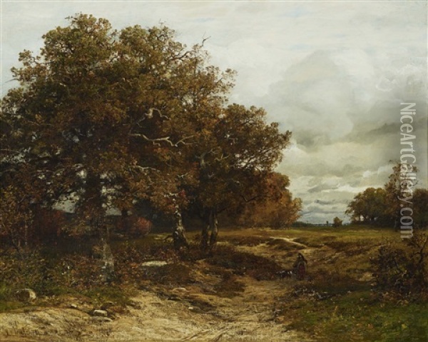 Farmers Wife And Goat In Autumn Landscape Oil Painting - Ludwig Willroider