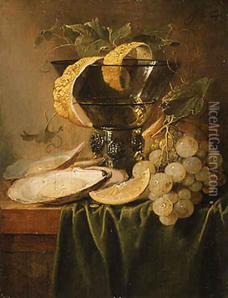 Still Life with a Glass and Oysters ca 1640 Oil Painting - Jan Davidsz. De Heem