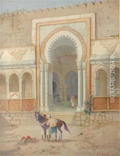 Tacking Up A Horse, Outside A Mosque Oil Painting - Henry Stanton Lynton
