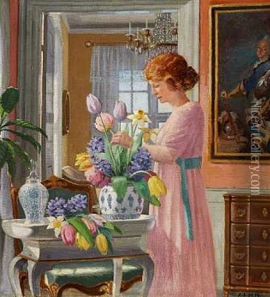 Interior Med En Ung Pige Der Saetter Blomster I Vand Oil Painting - Adolf Heinrich Claus Hansen