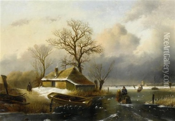 Winterlandschaft Mit Schlittschuhlaufern Auf Zugefrorenem Fluss Oil Painting - Cornelis Petrus T' Hoen