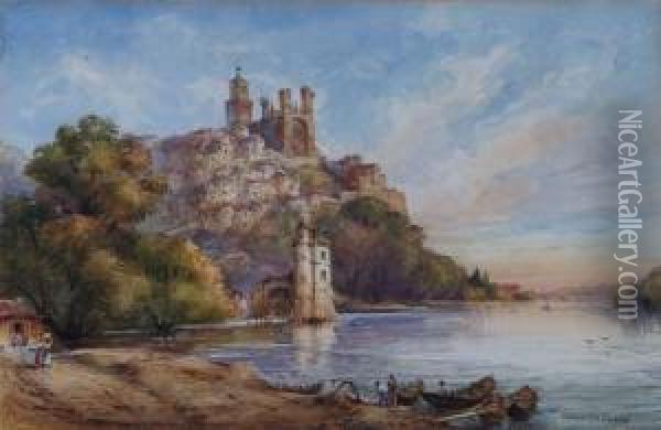 A Continental Church And Village On Top Of A Hill Beside A River Oil Painting - Conrad H.R. Carelli