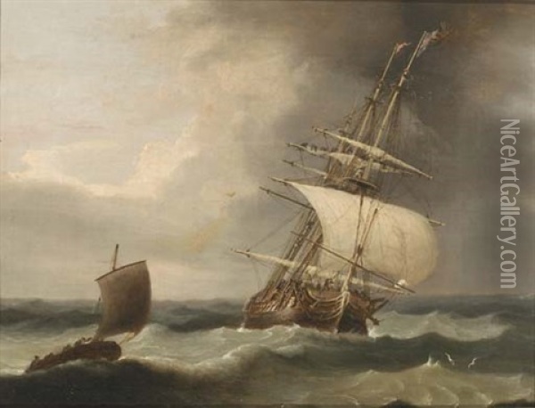 A Ship And Fishing Boat In Rough Seas Oil Painting - Ludolf Backhuysen the Elder