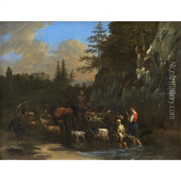 Herders With Their Flock Crossing A Stream Oil Painting - Philip James de Loutherbourg