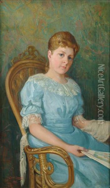 Portrait Offroken Sveu Molin Half Length Seated, Wearing A Blue Dress Andholding A Fan Oil Painting - Carl Olaf Eric Lindin