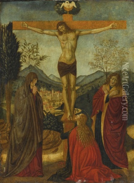 The Crucifixion, With The Madonna And Saints John The Evangelist And Mary Magdalene, A City And Mountainous Landscape Beyond Oil Painting - Benozzo (Alessio de Lese di Sandro) Gozzoli