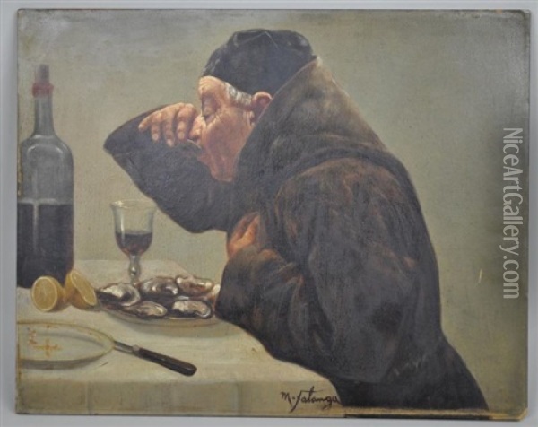 A Monk With Oysters And Wine Oil Painting - Michele Falanga