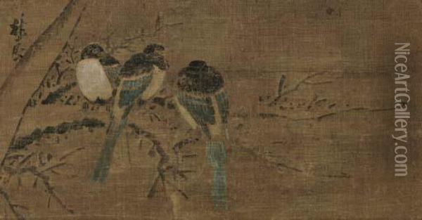 Birds In A Winter Forest Oil Painting - Lin Liang