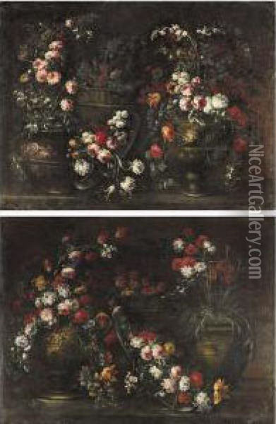 Due Vasi, Un Vassoio E Un Cesto Di Fiori Oil Painting - Elisabetta Marchioni Active Rovigo