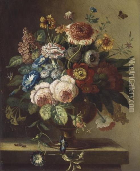 Bouquet De Fleurs Dans Un Vase En Bronze Sur Un Entablement Oil Painting - Jan Van Huysum