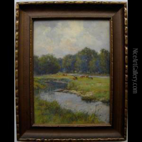 Grazing Cattle By River Oil Painting - Charles Macdonald Manly