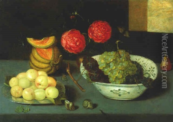 Fruit In A Bowl With A Vase Of Red Roses, Shells, A Dragonfly And Other Insects On A Ledge Oil Painting - Pieter Binoit
