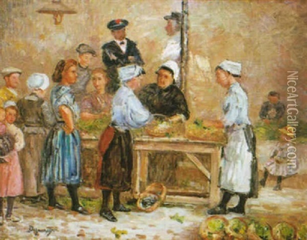 Scene De Marche Aux Legumes Au Croisic Oil Painting - Emile Alfred Dezaunay