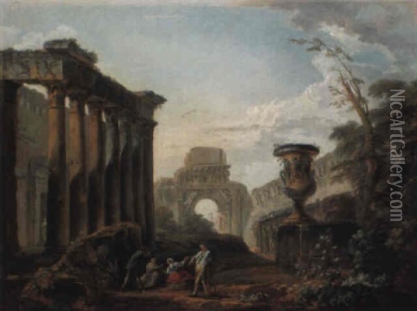Rome: The Temple Of Faustina And The Arch Of Titus Oil Painting - Hubert Robert