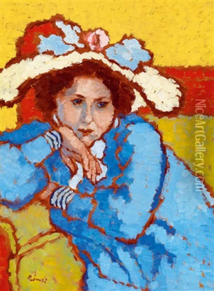 Girl In A Blue Dress And Hat With Flowers Oil Painting - Jozsef Rippl-Ronai
