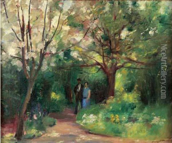 Couple Dans Un Jardin, Circa 1920. Oil Painting - Henri Ottmann