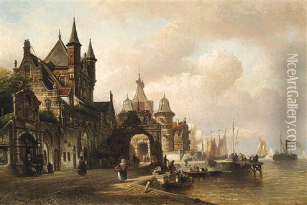 Busy Shipping Port Oil Painting - Elias Pieter van Bommel