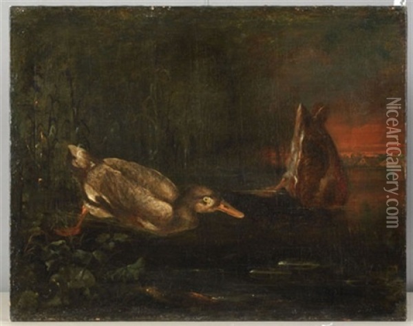 Landscape With Two Ducks Oil Painting - Georg Kneipp