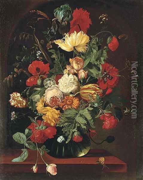 Poppies, tulips, marigolds, corns of wheat, roses and other flowers in a glass vase on a ledge Oil Painting - Jan van Os