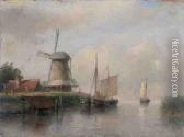 Dutch Boats Moored On A River Beside A Windmill Oil Painting - Andreas Schelfhout