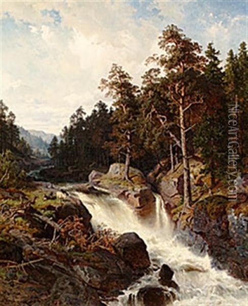 Skogslandskap Med Brusande Fors Oil Painting - Edward (Johan-Edvard) Bergh