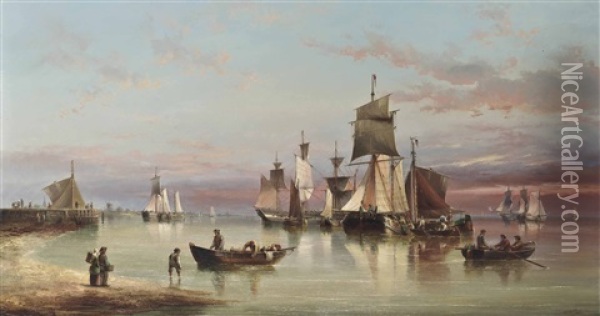 A Crowded Anchorage Off The Low Countries At Dusk Oil Painting - Henry Redmore