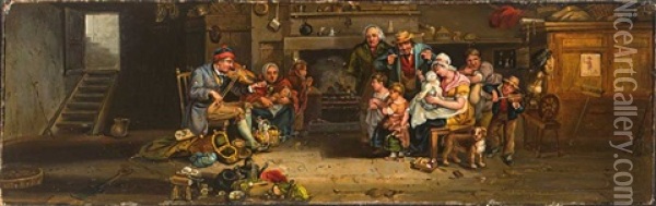 Genreszene Mit Groser Familie Und Zwei Geigenspielern In Landlicher Stube Vor Dem Kamin Oil Painting - Ferdinand de Braekeleer the Elder