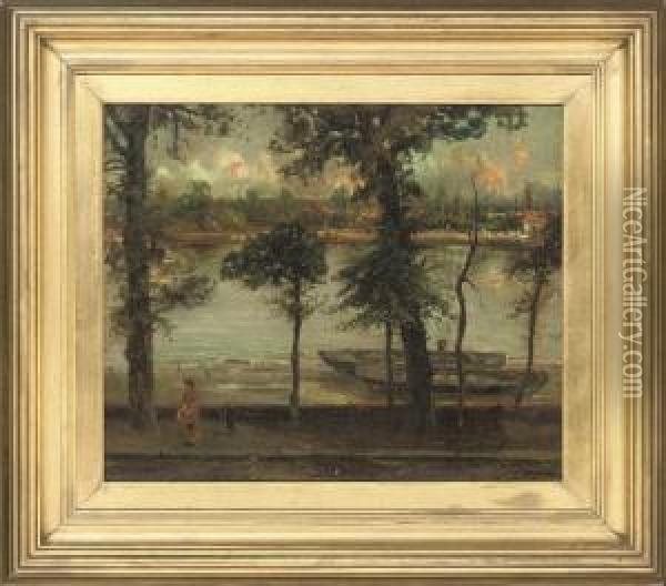 The Thames And Battersea From Cheney Walk, London Oil Painting - Cecil Gordon Lawson