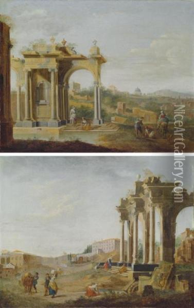 An Extensive Landscape With 
Women In The Ruins Of A Classical Building And Travellers On A Track; 
And A Landscape With Travellers And Other Figures By The Ruins Of A 
Classical Building Oil Painting - Hendrik Frans Van Lint